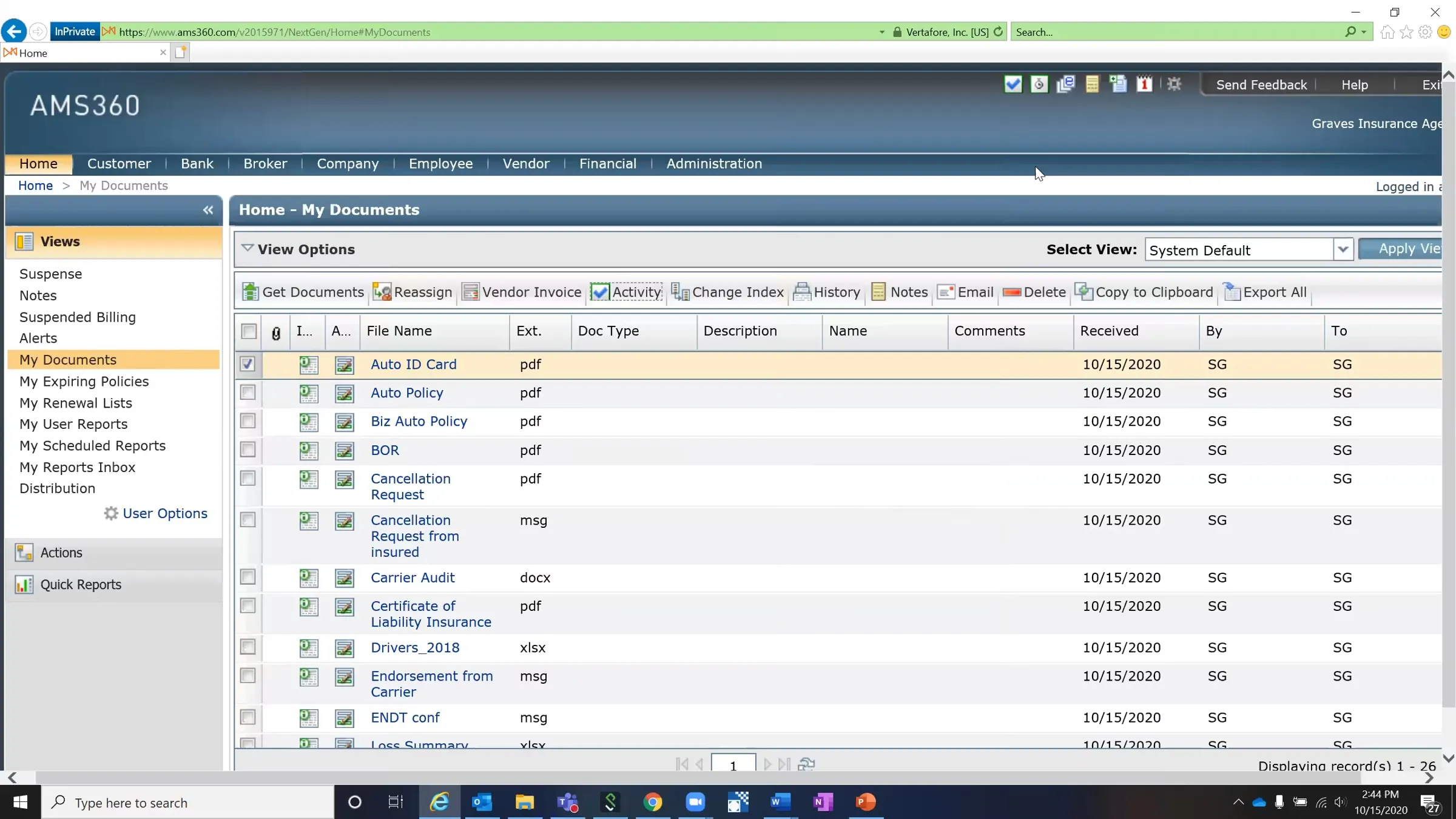 Vertafore AMS360 dashboard