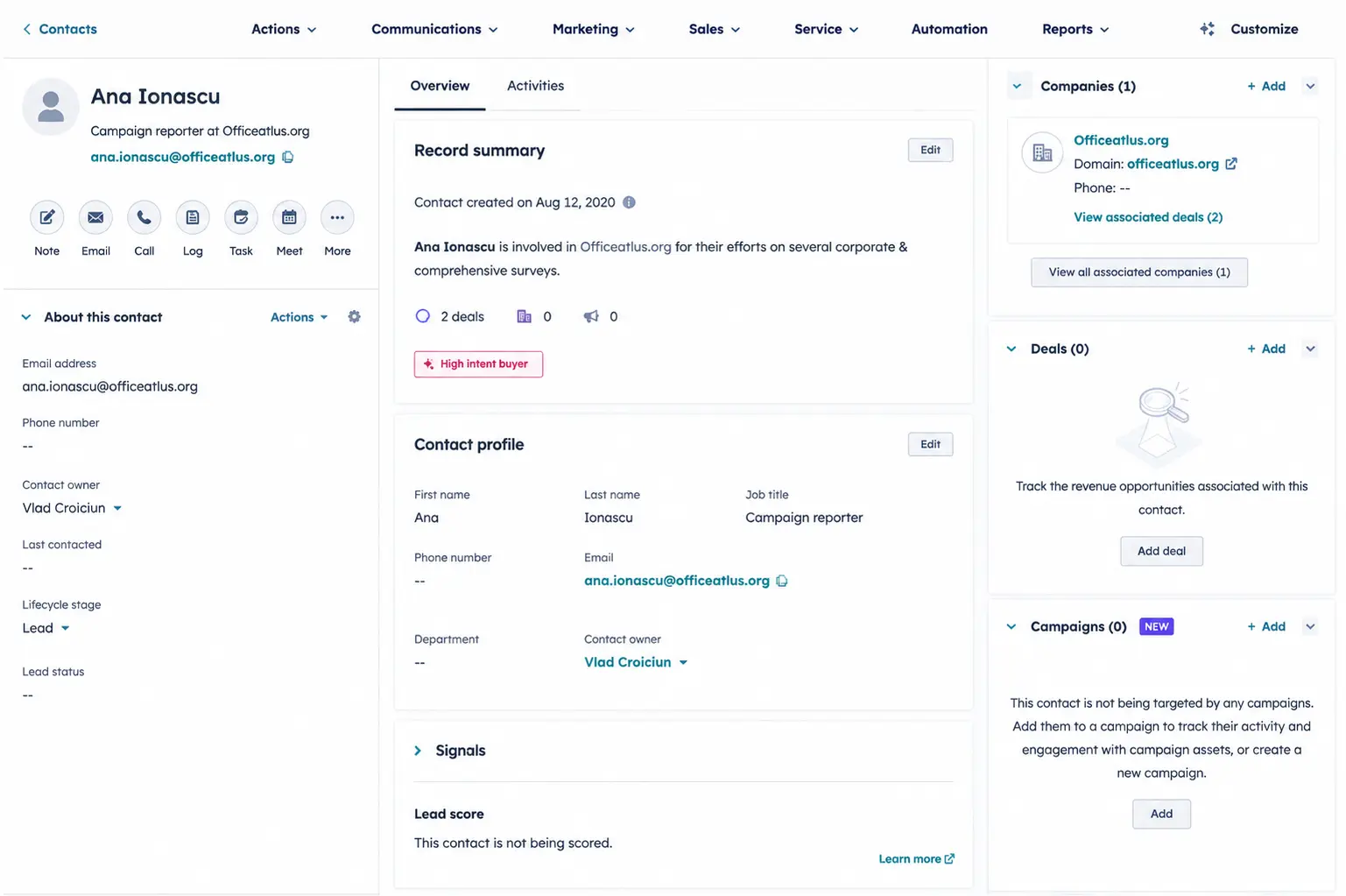 CRM Contact Record Dashboard