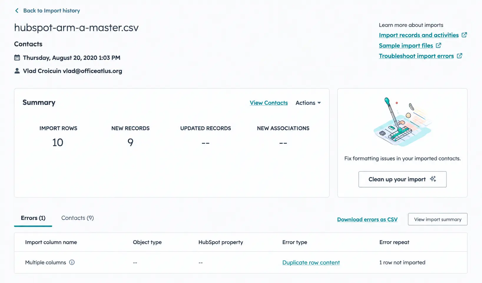 HubSpot Import Dashboard Summary